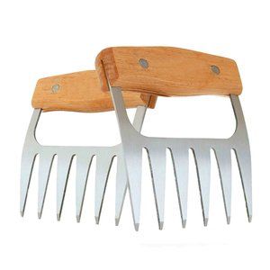 1-Pair:Wooden Handles Stainless Steel Meat Poultry Shredding Cutting Claws(Brown